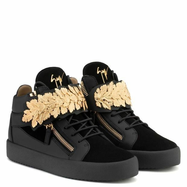 GIUSEPPE ZANOTTI - Men's Mid-top Sneakers With Gold Leaf Strap, Black