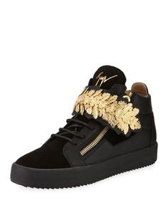 GIUSEPPE ZANOTTI - Men's Mid-top Sneakers With Gold Leaf Strap, Black