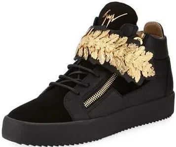 GIUSEPPE ZANOTTI - Men's Mid-top Sneakers With Gold Leaf Strap, Black