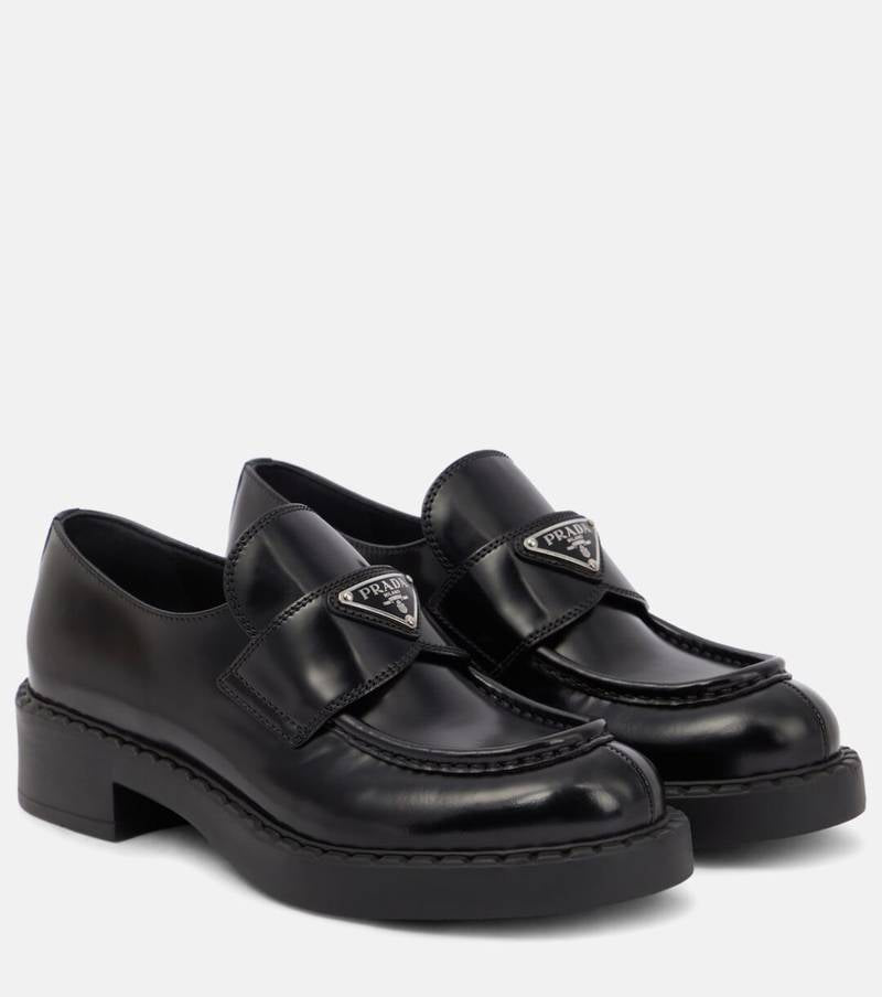 Prada Choclate Black Brushed Leather Slip On Loafers