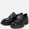 Prada Choclate Black Brushed Leather Slip On Loafers