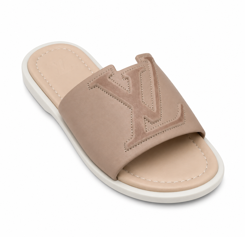 LV Inspired Slide Sandal – Beige