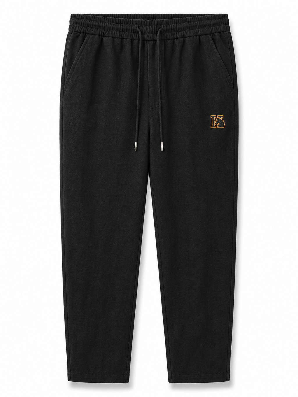 Black Linen Trousers with Embroidered Back Pocket