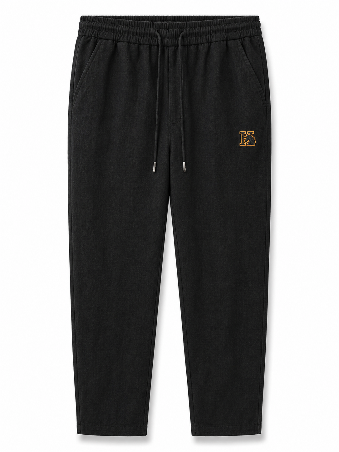 Black Linen Trousers with Embroidered Back Pocket