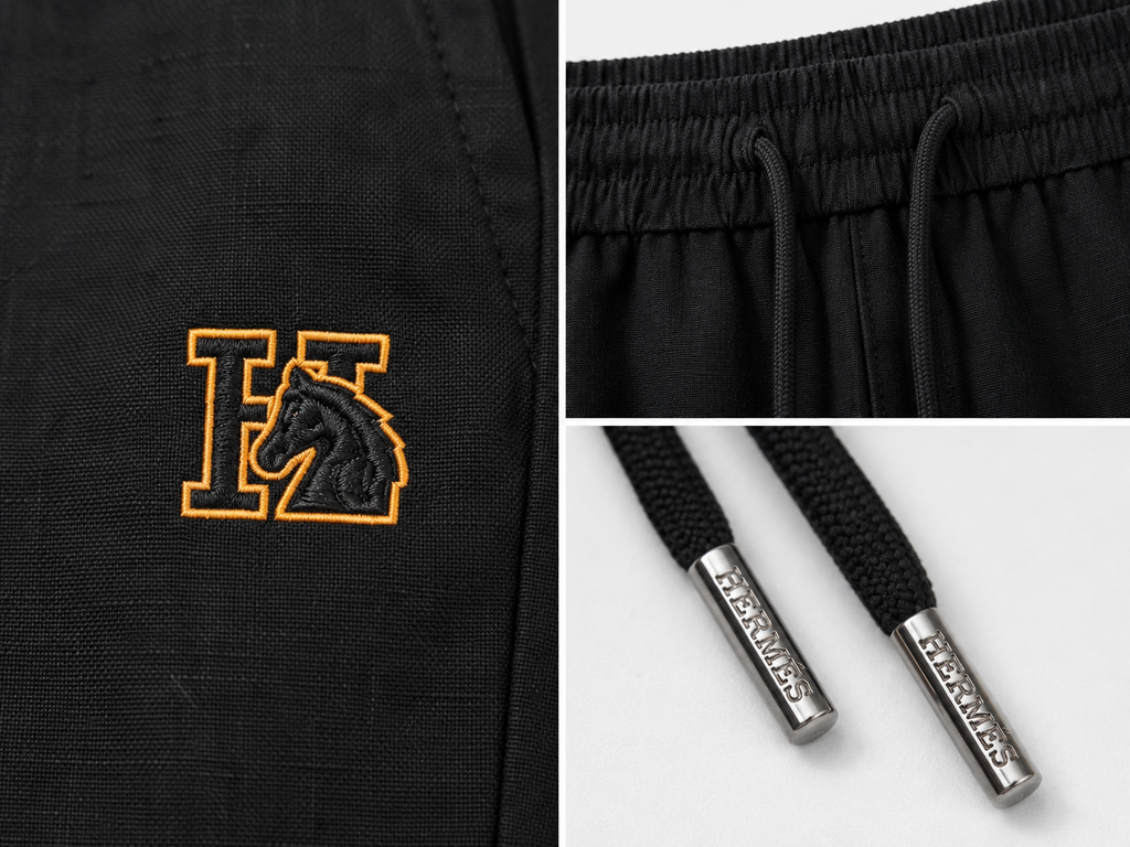 Black Linen Trousers with Embroidered Back Pocket