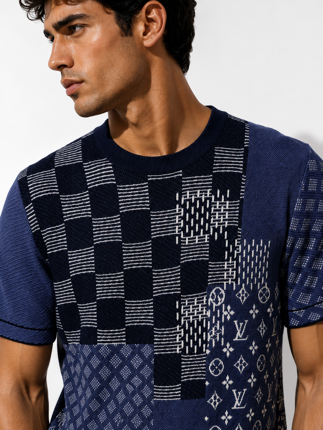 1V - Patchwork Knit T-Shirt – Navy
