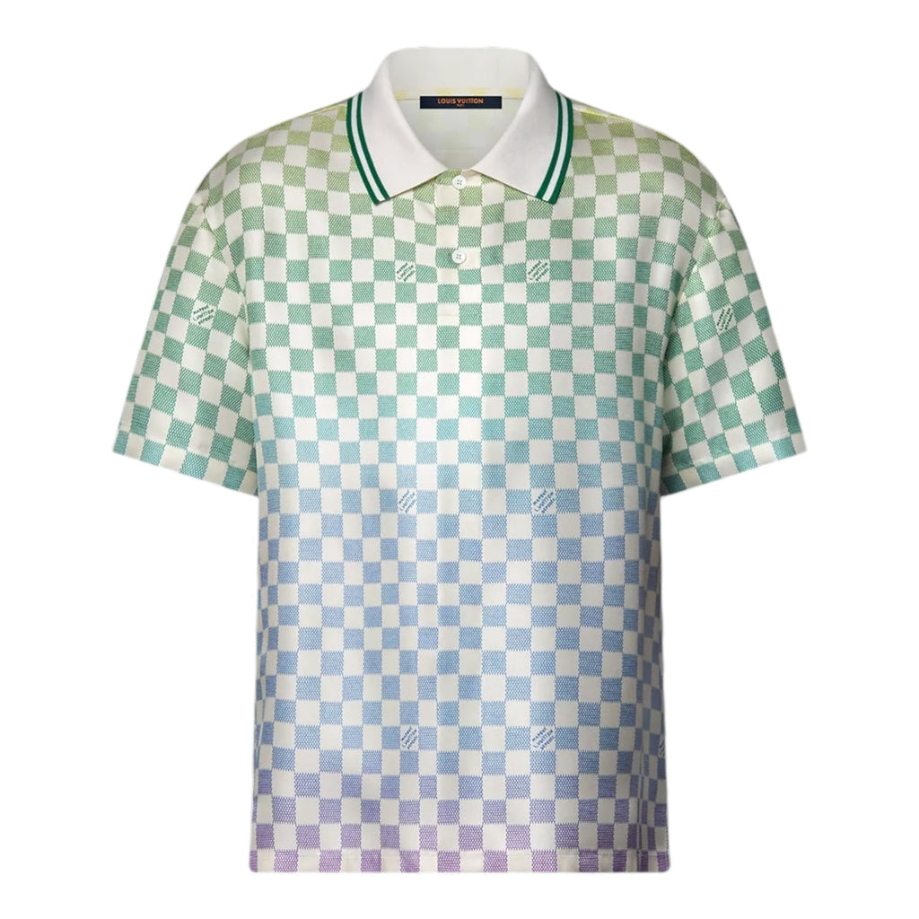 Gradient Damier Knit Polo – White / Green / Blue