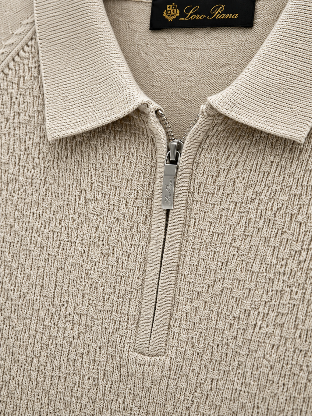 Loro Piana Textured Knit Zip Polo – Beige